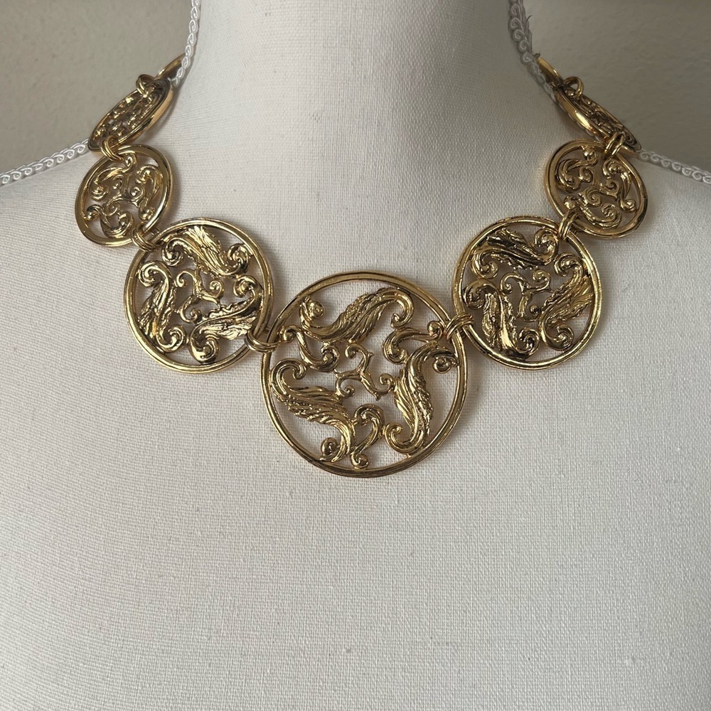 Vintage Yves Saint Laurent Ysl Round Filigree Gold Disc Necklace 1395$